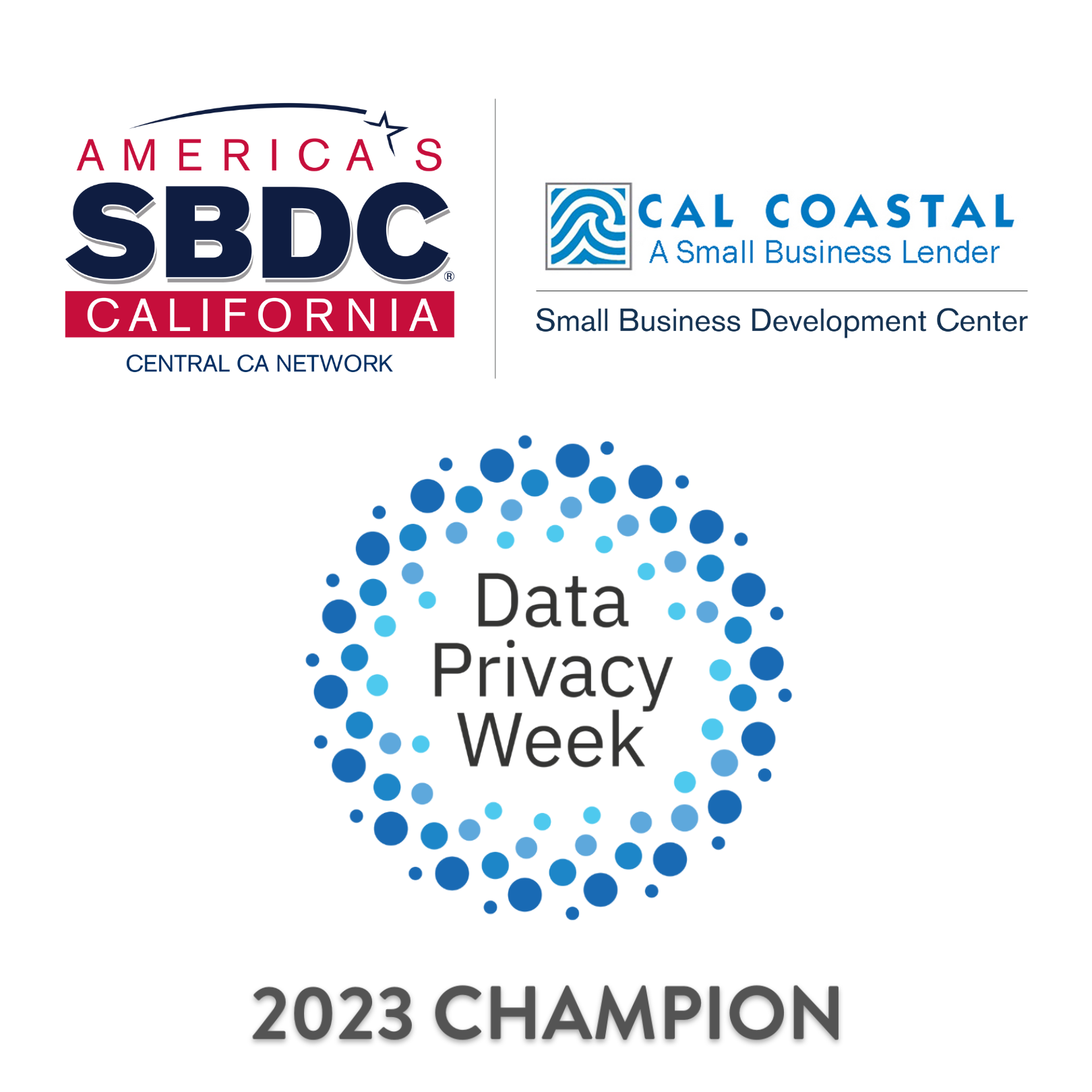 Cal Coastal SBDC and Data Privacy Week logos with indication of 2023 Champion